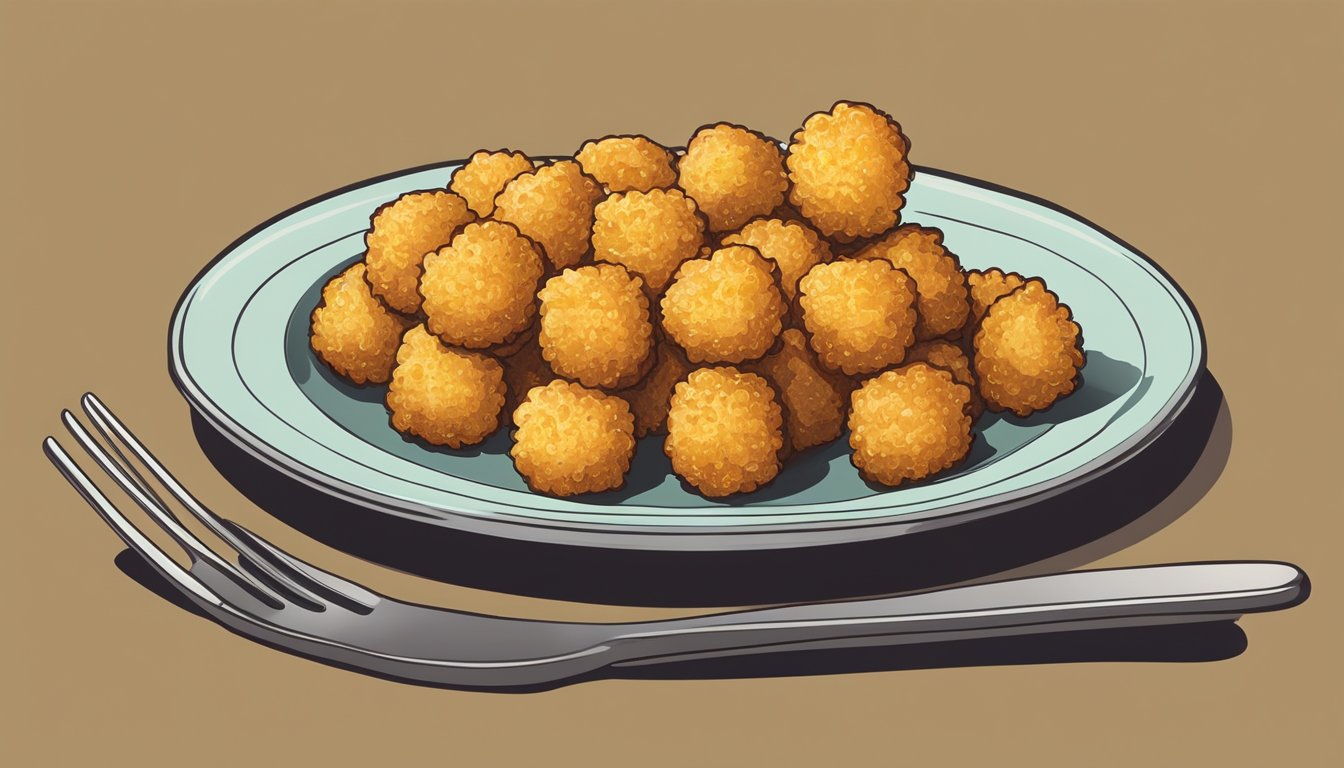 A plate of golden tater tots arranged in a neat circle with a fork resting beside them