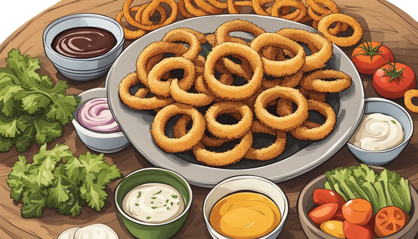 A plate of crispy, golden-brown onion rings sits next to a variety of colorful, fresh vegetables and a bowl of homemade dipping sauce