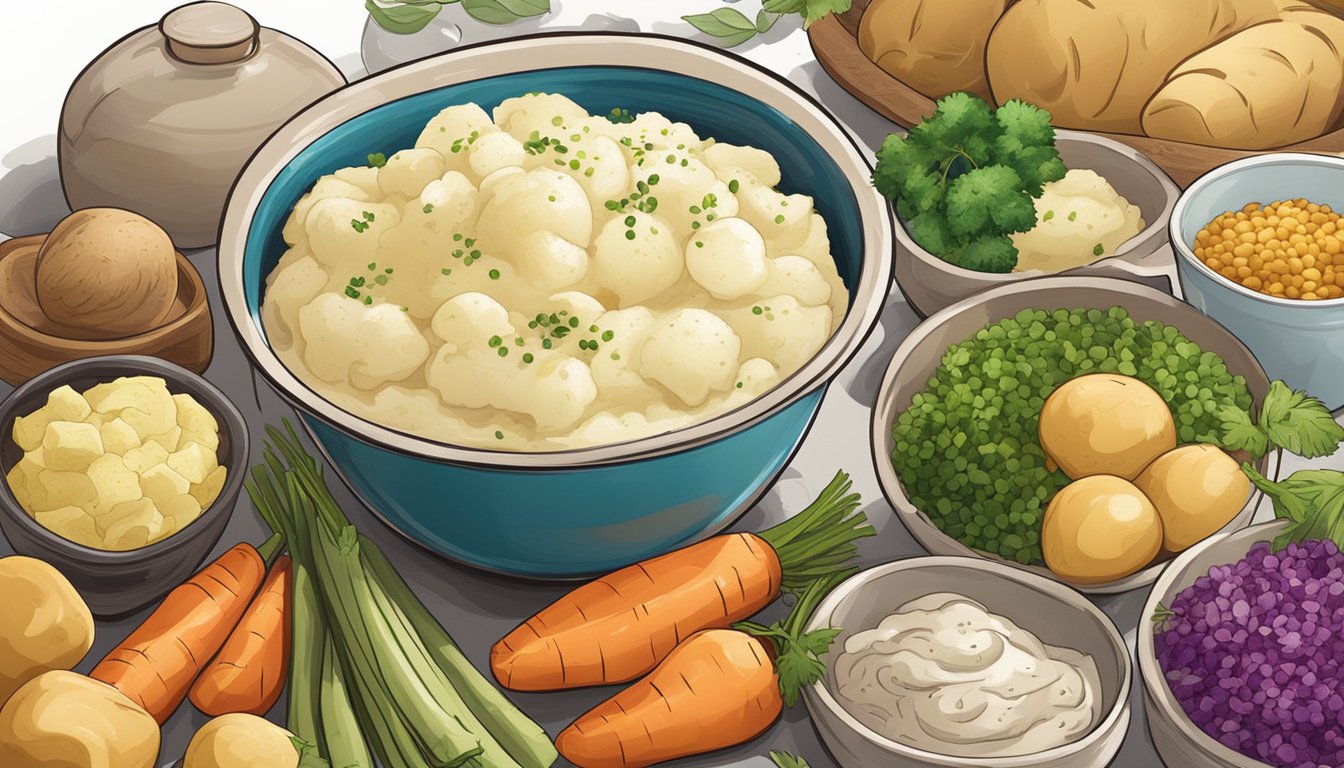 A bowl of creamy mashed potatoes with a steaming pile of boiled potatoes next to it, all surrounded by colorful vegetables and a variety of seasonings