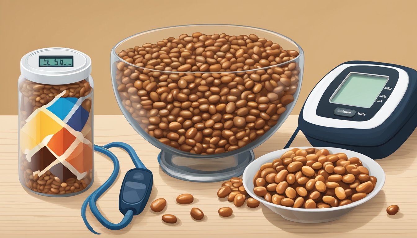 A bowl of baked beans sits next to a measuring tape and a blood sugar monitor. A chart shows the glycemic index