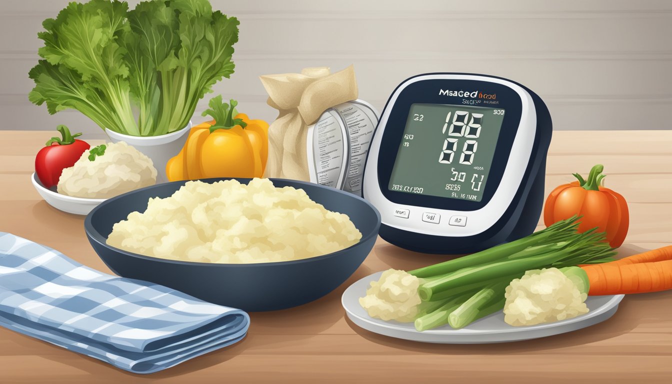 A steaming bowl of mashed potatoes sits next to a blood glucose monitor and a plate of fresh vegetables