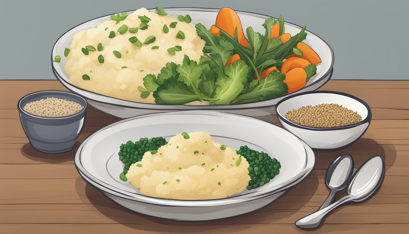 A plate of mashed potatoes with a side of vegetables and a small bowl of quinoa