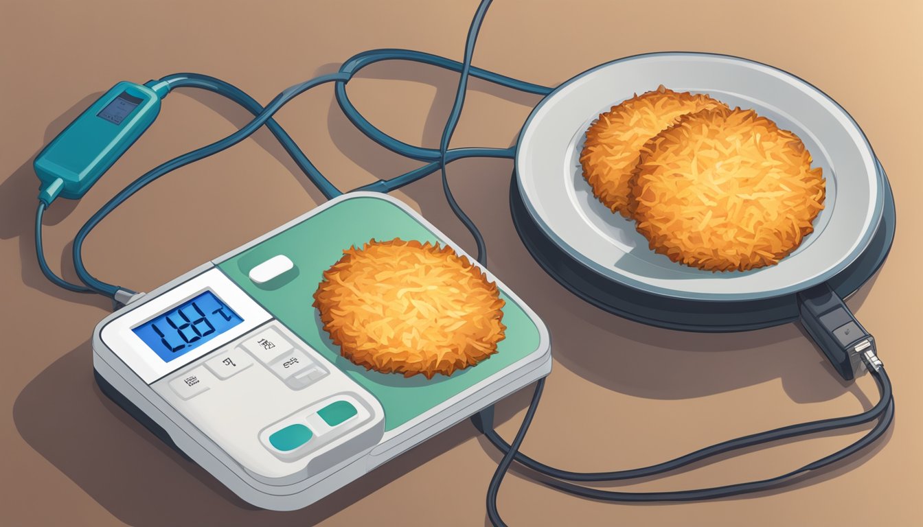 A plate of crispy hash browns sits next to a blood sugar monitor, showing a spike in levels