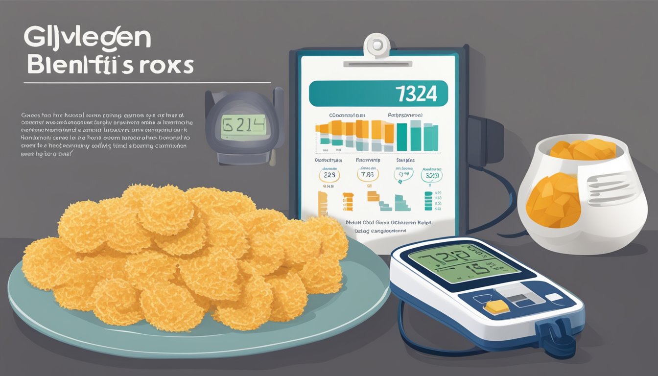 A plate of golden hash browns next to a blood sugar monitor and a chart showing the benefits and concerns related to their glycemic index