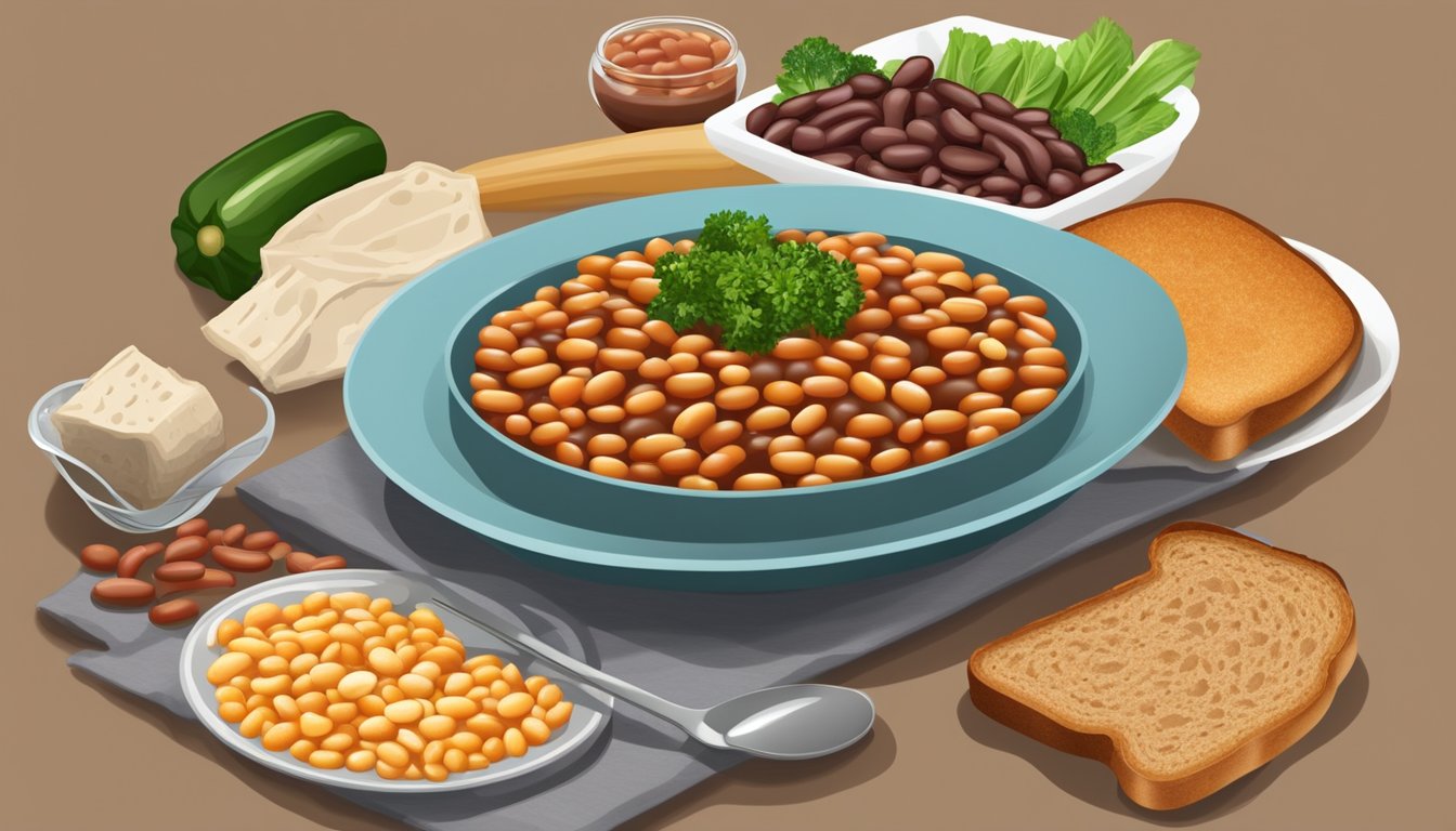 A colorful plate of baked beans, whole grain toast, and fresh vegetables arranged in a balanced and appetizing manner