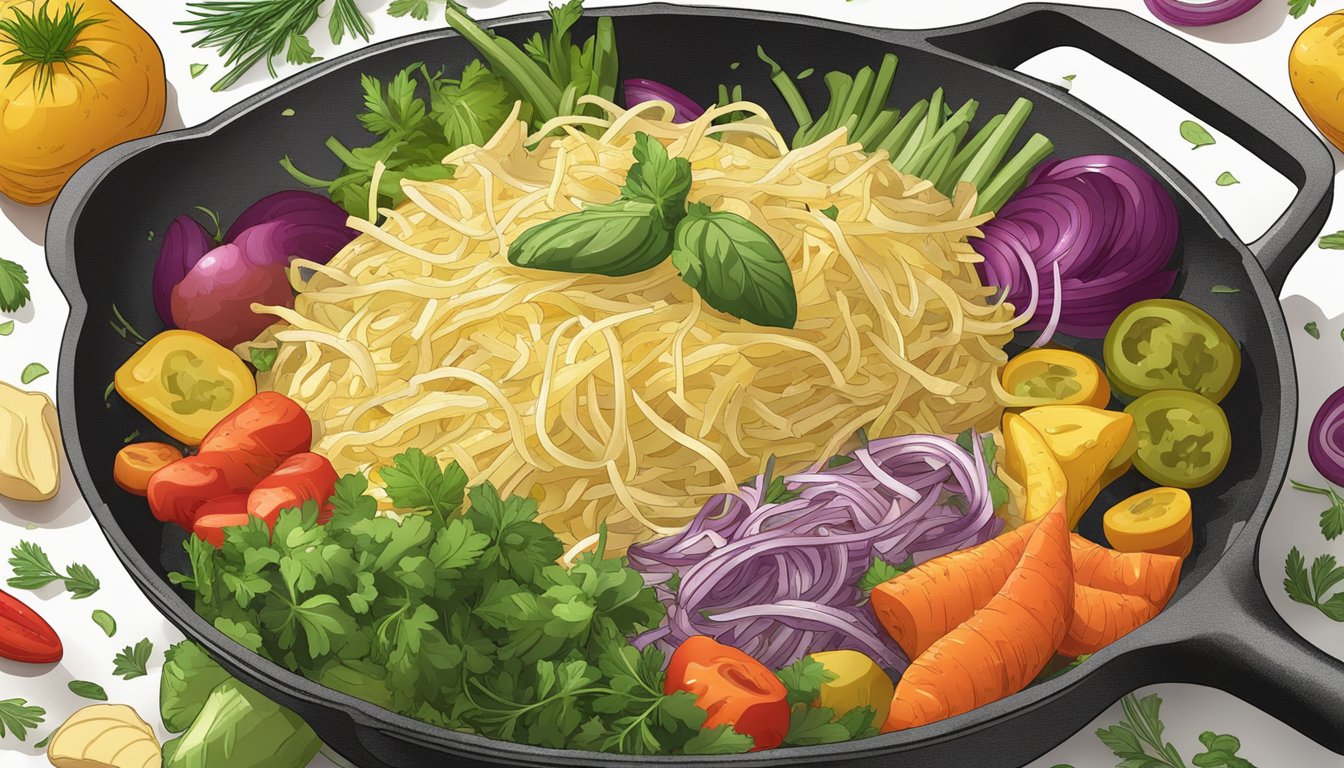 A pile of shredded potatoes sizzling in a skillet, surrounded by colorful vegetables and herbs