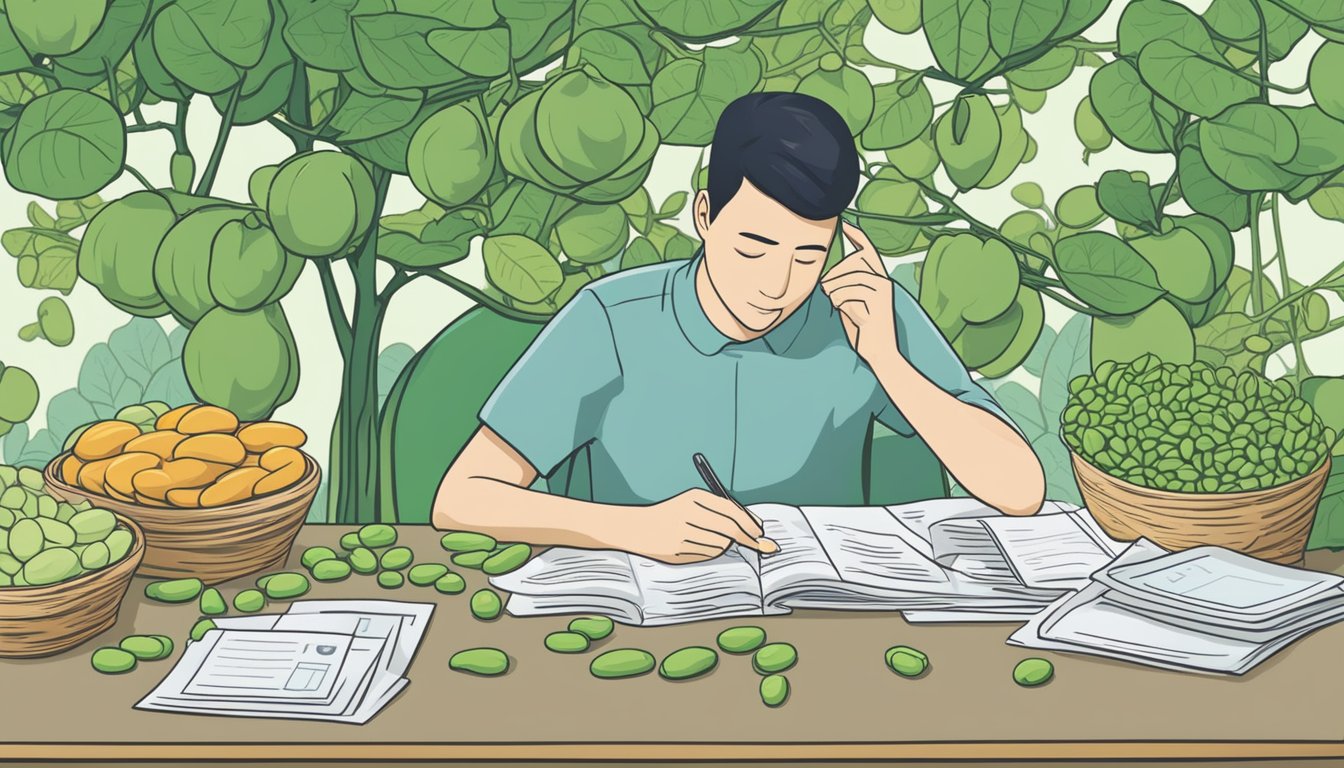 A person researching personal loans in Singapore while surrounded by Lima beans with a glycemic index chart in the background