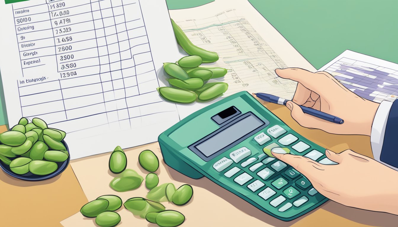 A person using a calculator to determine loan eligibility, with a chart showing the glycemic index of lima beans in the background