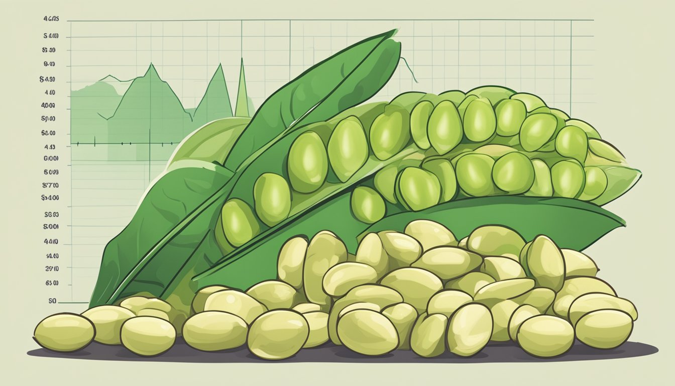 A pile of Lima beans arranged in a row, with a chart showing the glycemic index values for different financial institutions displayed next to them