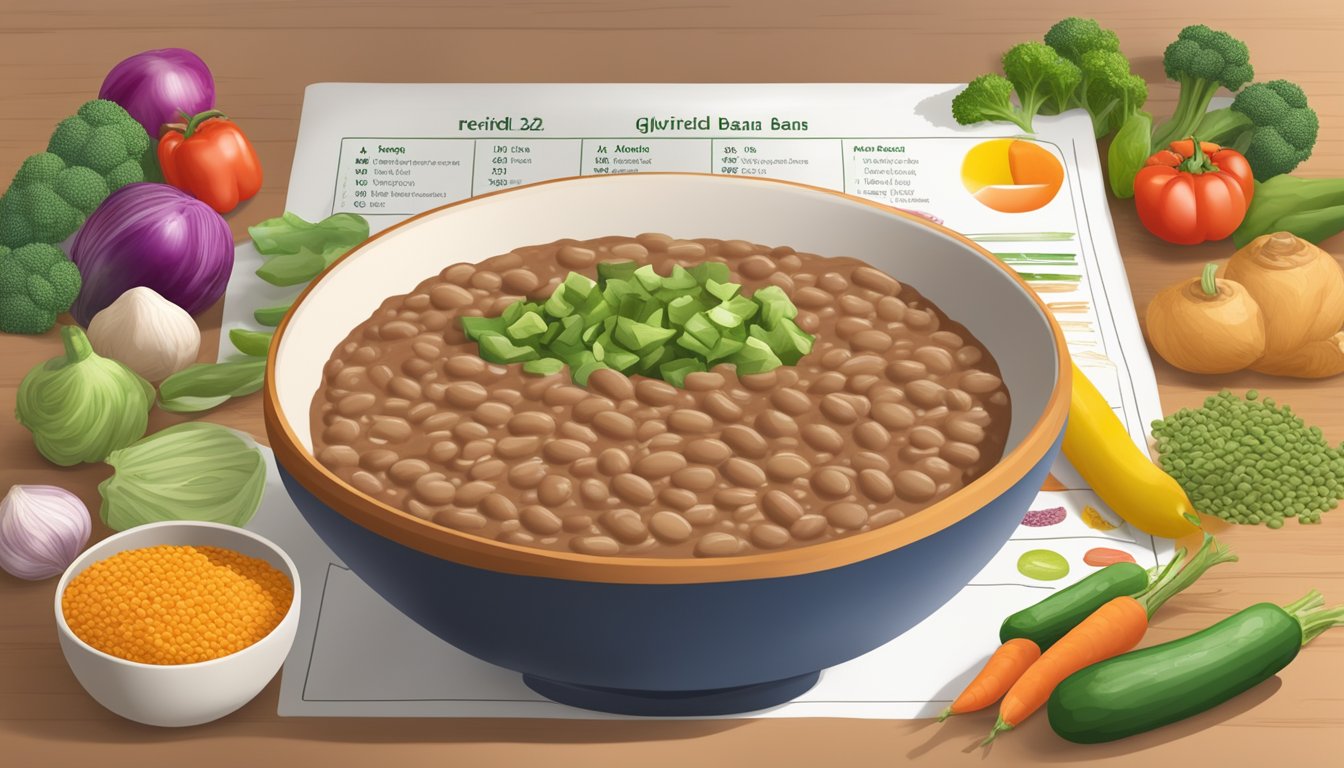 A bowl of refried beans surrounded by a variety of colorful vegetables and grains, with a glycemic index chart in the background