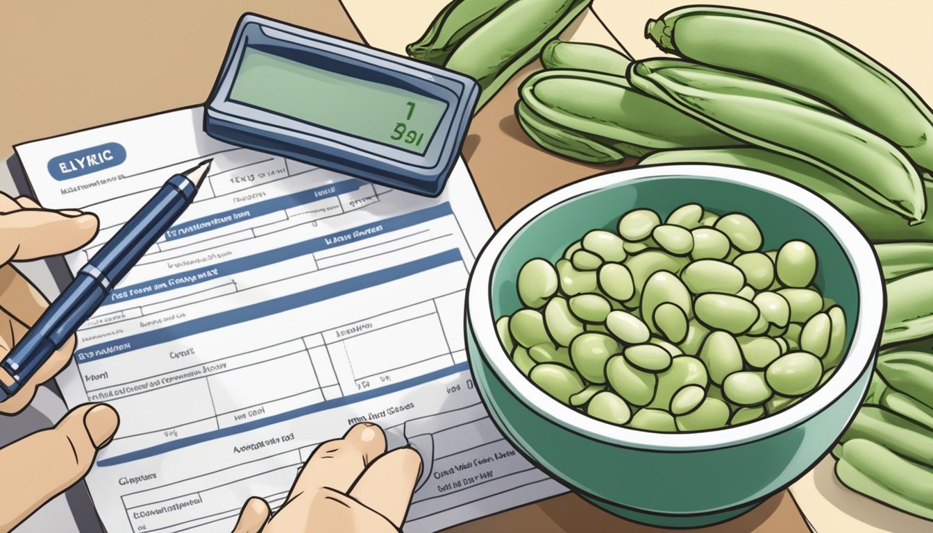 A hand holding a pen fills out a loan application form while a bowl of lima beans sits next to a chart displaying the glycemic index