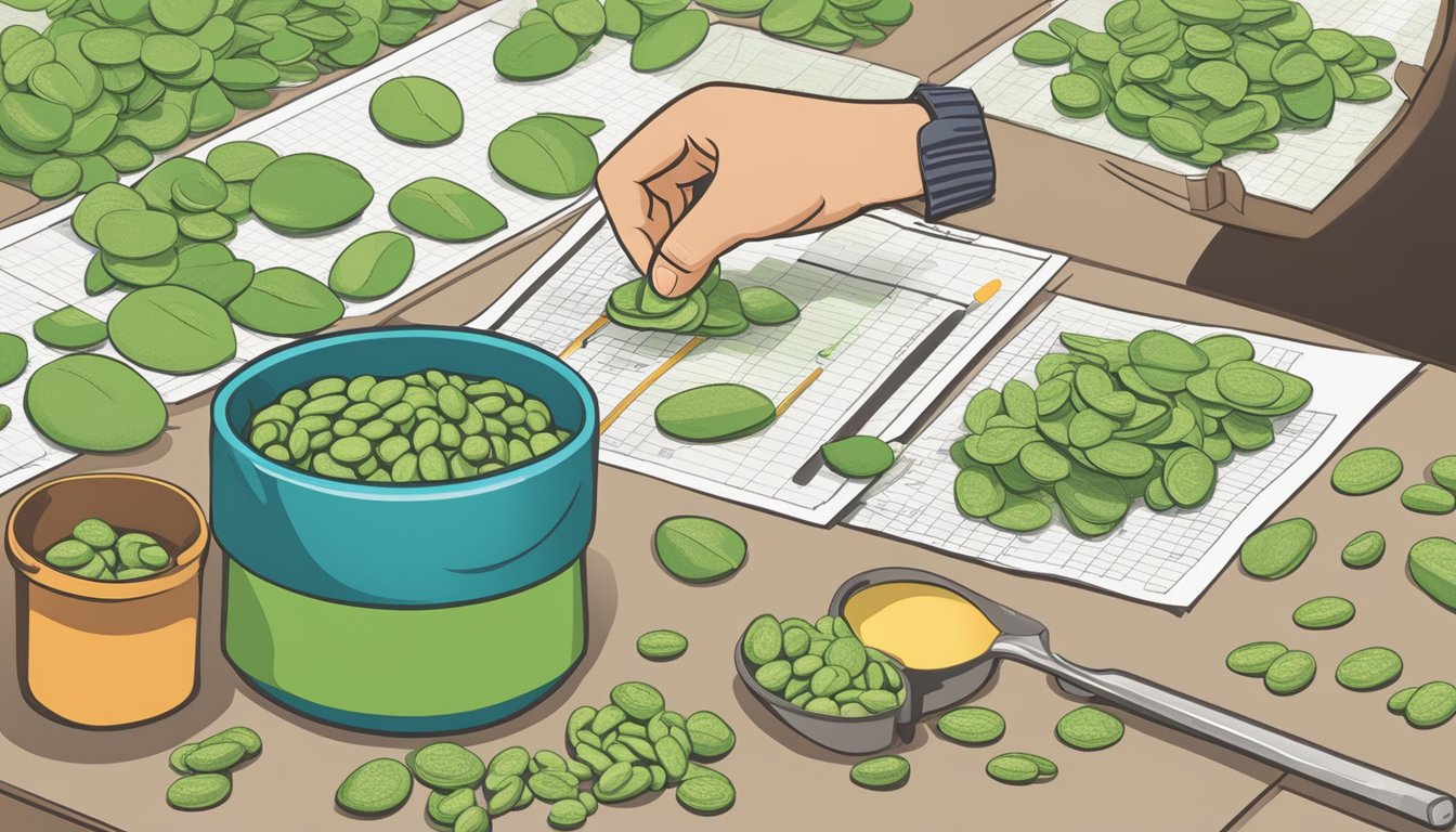 A person carefully measuring and pouring out lima beans, while a chart of loan payments and interest rates sits nearby