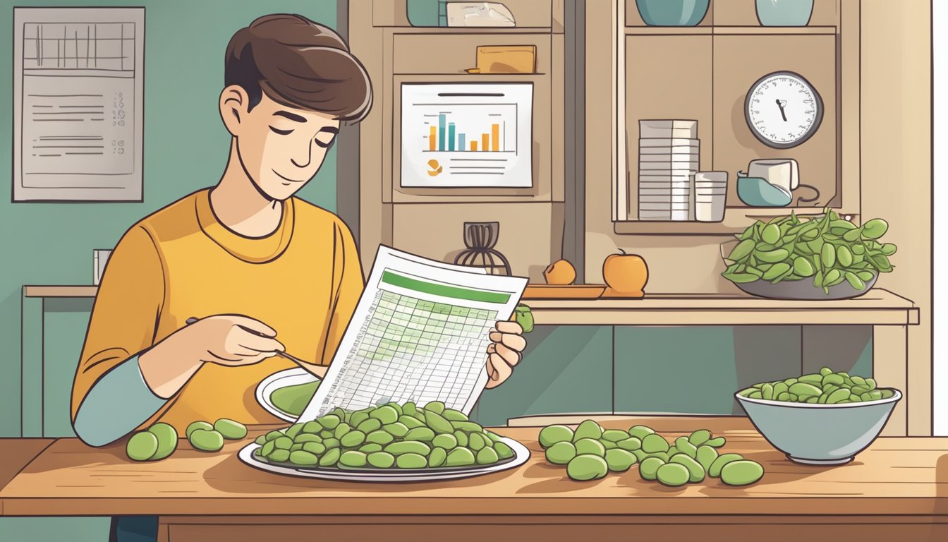 A person checking their credit score while holding a plate of Lima beans with a glycemic index chart in the background