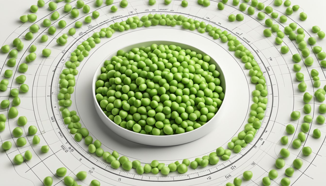 A pile of green peas arranged in a circular pattern, with a glycemic index chart displayed in the background