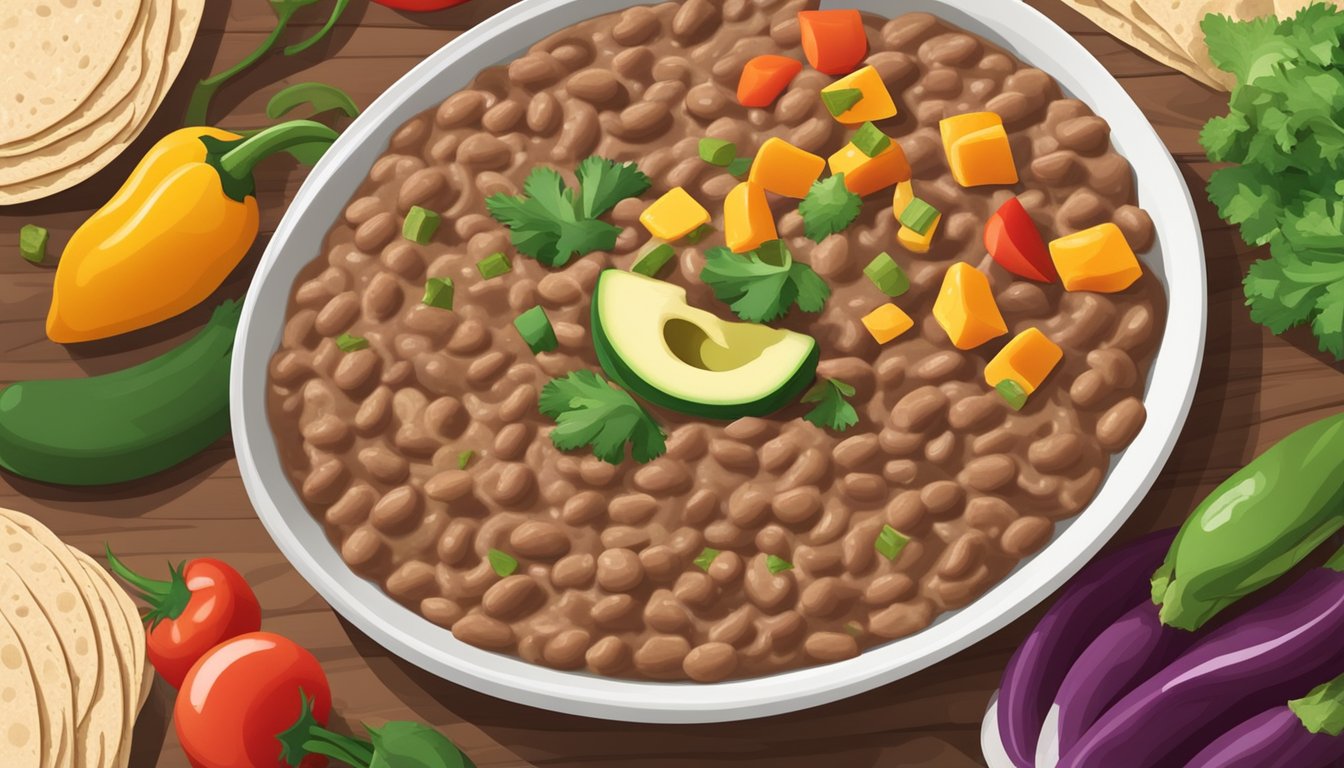 A bowl of refried beans sits next to a plate of colorful vegetables and a whole grain tortilla, all arranged on a wooden table