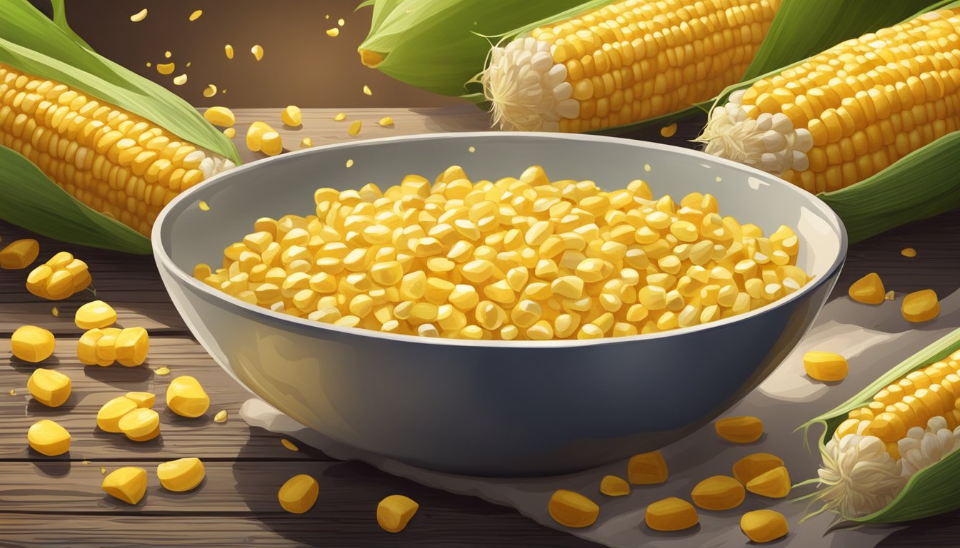 A bowl of creamy corn sits on a rustic wooden table, surrounded by fresh corn cobs and a scattering of golden kernels