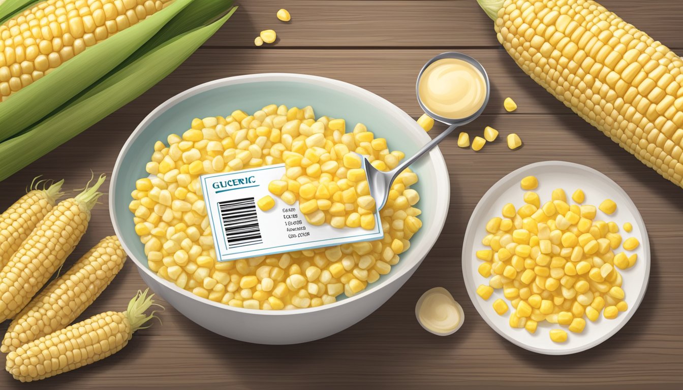 A bowl of creamed corn surrounded by fresh corn cobs and a nutrition label showing the glycemic index