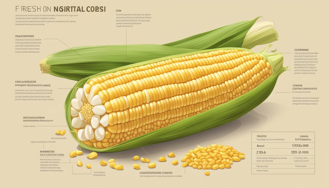 A fresh ear of corn on the cob with husk, surrounded by scattered corn kernels and a nutritional information chart