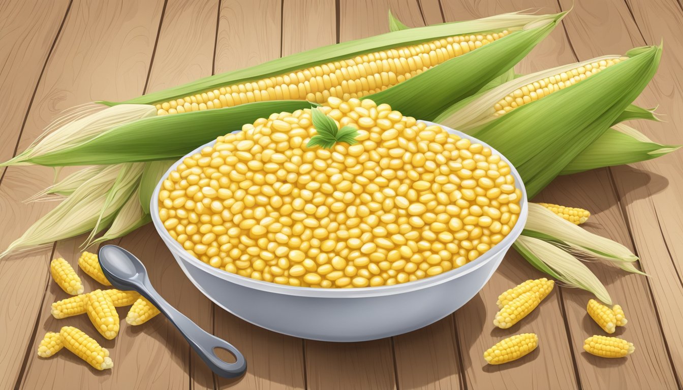 A bowl of creamy corn sits on a wooden table, surrounded by fresh ears of corn and a measuring tape