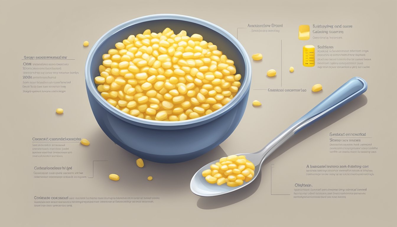 A bowl of creamed corn with a serving spoon, a measuring cup, and a glycemic load chart on the table