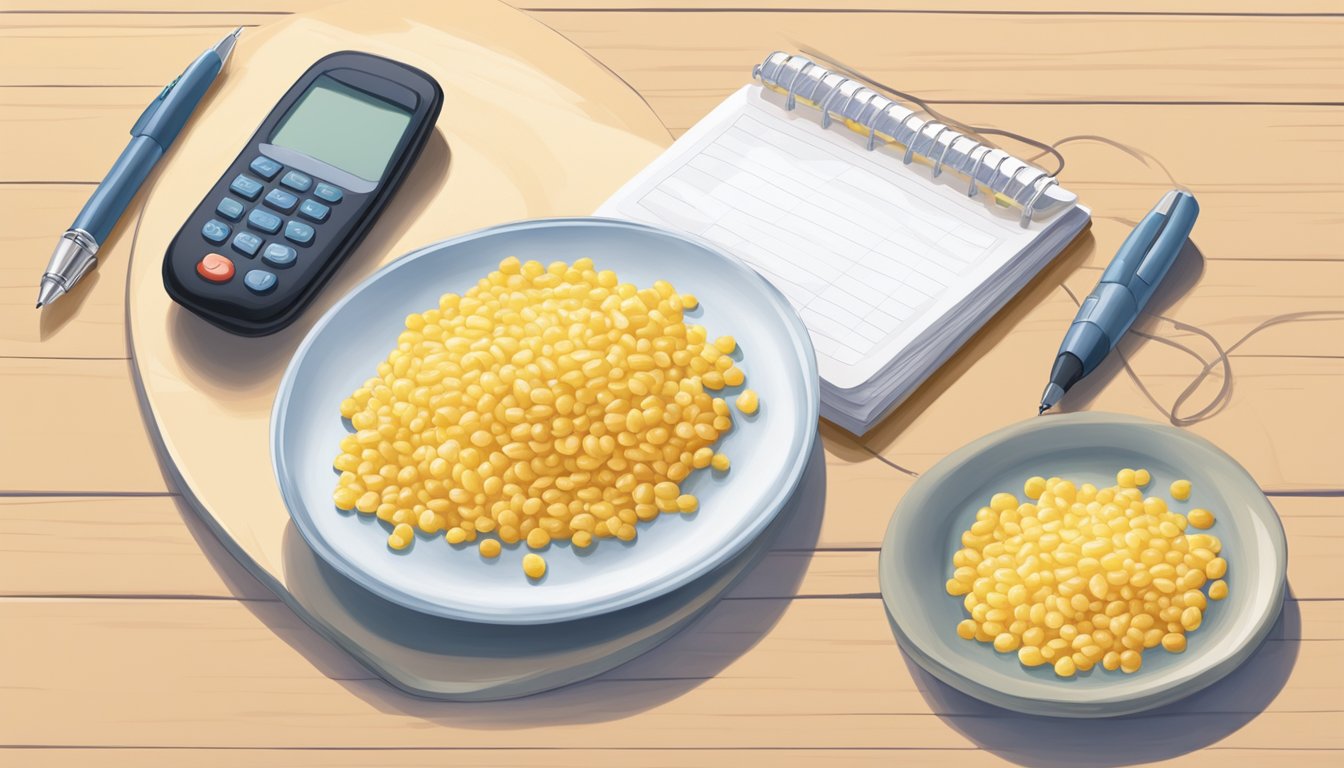 A table set with a plate of creamed corn, a glucometer, and a notebook with a pen. A person's shadow is seen in the background