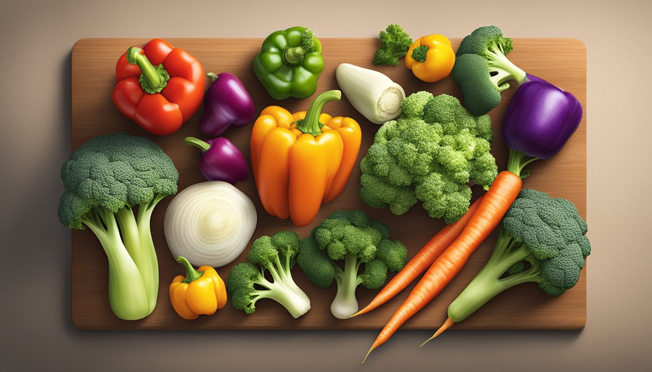 A colorful array of low-GI vegetables, including carrots, broccoli, and bell peppers, arranged on a cutting board