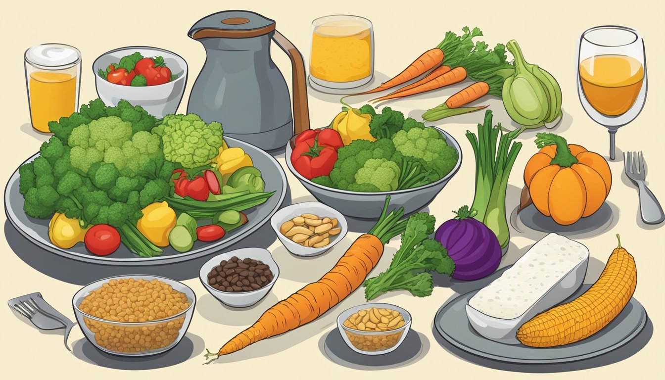 A variety of mixed vegetables arranged on a plate, alongside other types of food, with a scale or chart showing glycemic index values