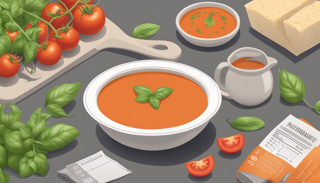 A bowl of tomato soup surrounded by fresh tomatoes, basil leaves, and a nutrition label showing the glycemic index