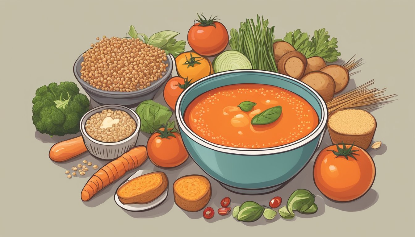 A bowl of tomato soup surrounded by various low-glycemic index foods like vegetables and whole grains