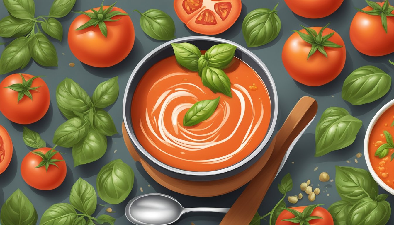 A steaming bowl of tomato soup surrounded by fresh tomatoes, basil leaves, and a spoon