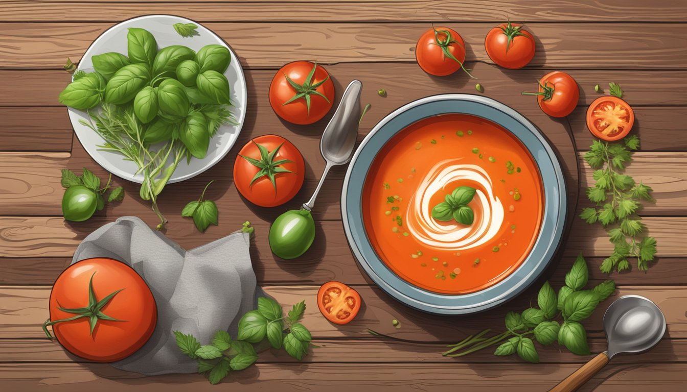 A steaming bowl of tomato soup sits on a rustic wooden table, surrounded by ripe tomatoes and fresh herbs