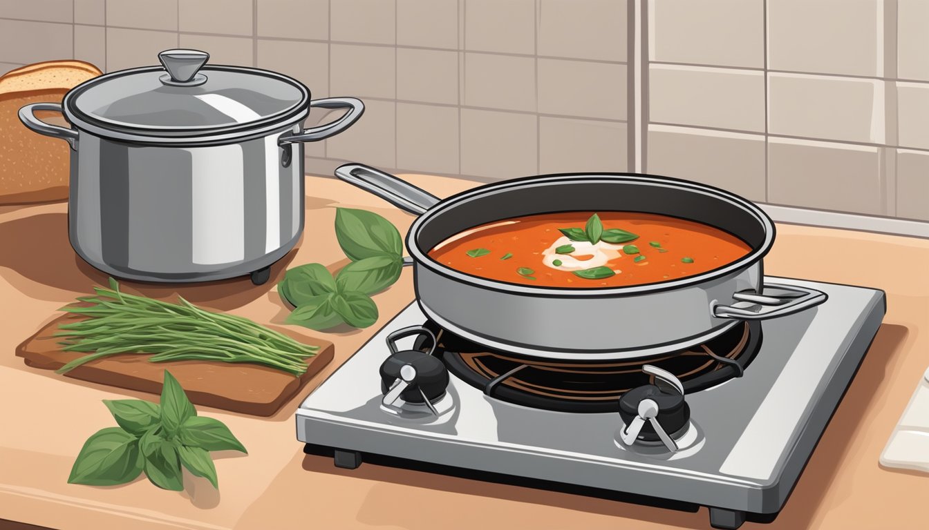 A pot simmers on a stovetop, filled with rich, red tomato soup. A scattering of fresh basil leaves rests on the countertop beside a loaf of whole grain bread