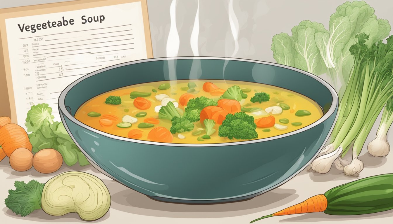 A steaming bowl of vegetable soup surrounded by fresh vegetables and a glycemic index chart