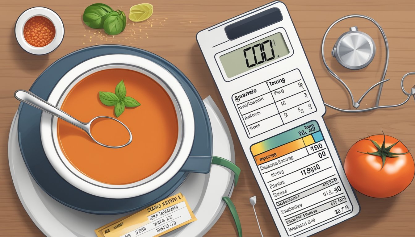 A bowl of tomato soup next to a blood sugar monitor and a nutrition label