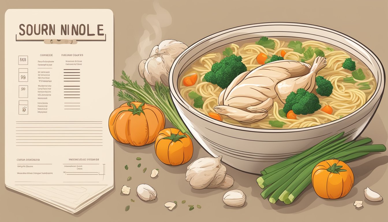 A steaming bowl of chicken noodle soup surrounded by fresh vegetables and a whole chicken, with a nutritional profile chart displayed next to it