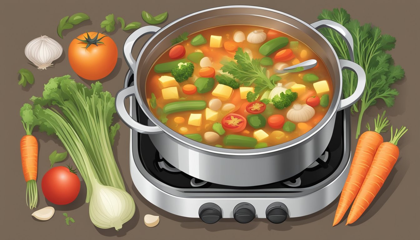 A pot of vegetable soup simmering on a stovetop, surrounded by fresh ingredients like carrots, celery, onions, and tomatoes