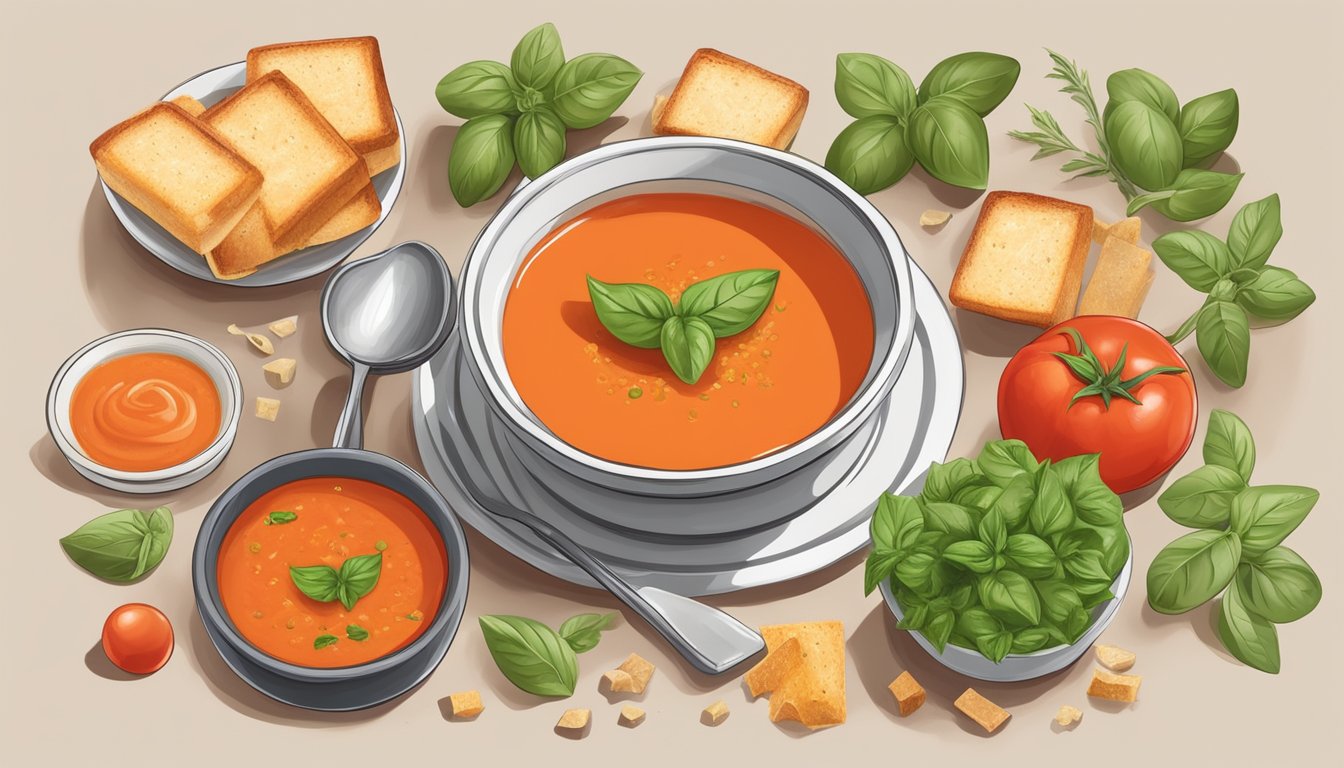 A steaming bowl of tomato soup surrounded by various alternative ingredients such as fresh basil, croutons, and a drizzle of olive oil