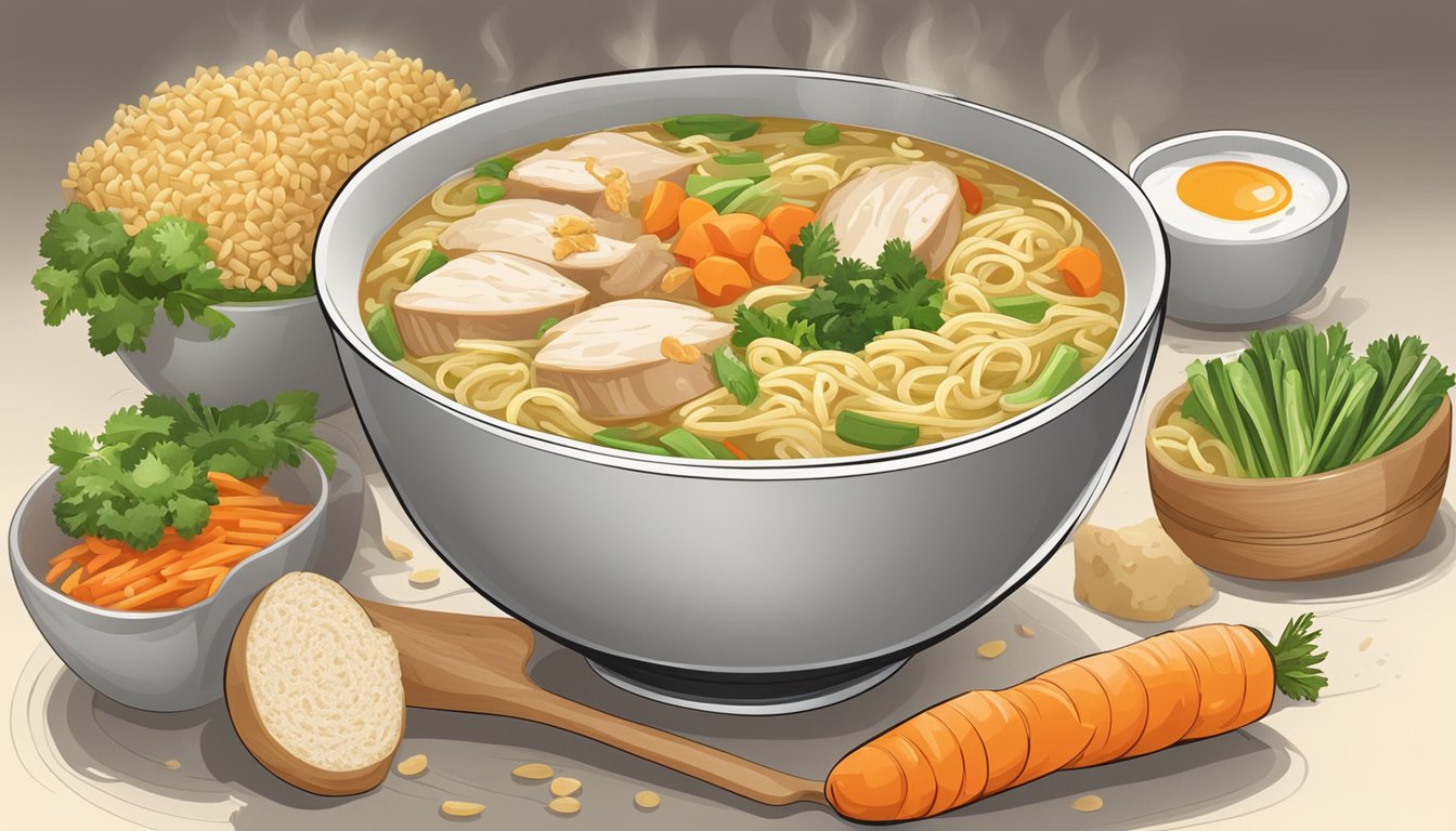 A steaming bowl of chicken noodle soup surrounded by fresh vegetables and a whole grain roll