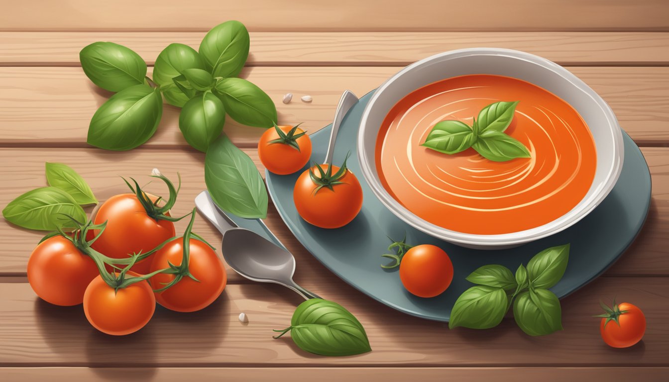 A bowl of tomato soup sits on a wooden table, surrounded by a few scattered cherry tomatoes and a sprig of fresh basil