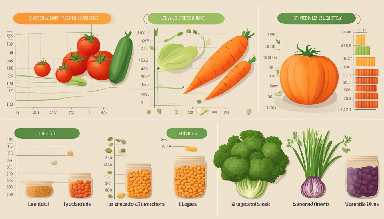 A table with various vegetables (tomatoes, carrots, onions) and legumes (beans, lentils) arranged next to a glycemic index chart