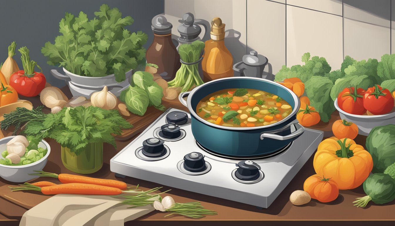 A pot of vegetable soup simmers on a stovetop, surrounded by fresh produce, herbs, and various cooking utensils. An open cookbook lies nearby, featuring recipes and preparation techniques