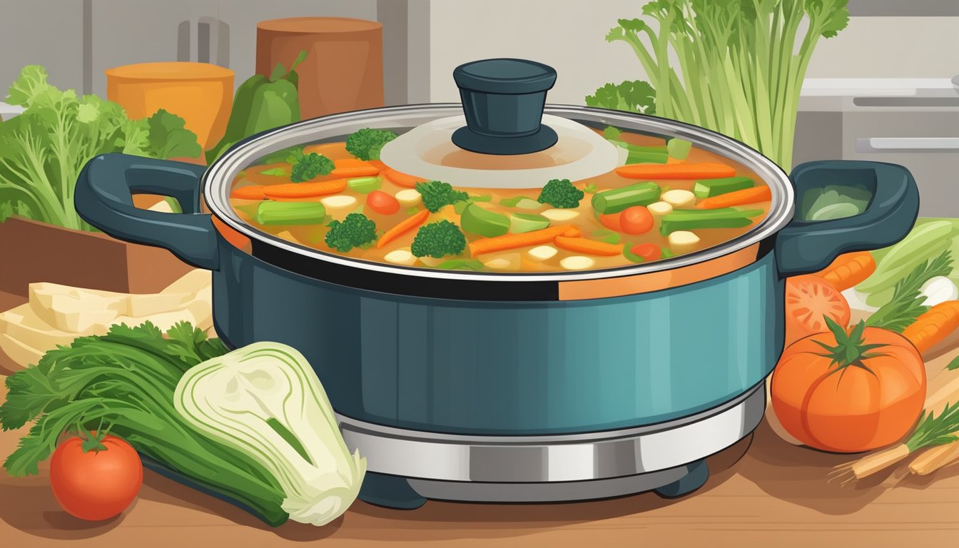 A pot of vegetable soup simmering on a stovetop, surrounded by fresh ingredients like carrots, celery, and tomatoes