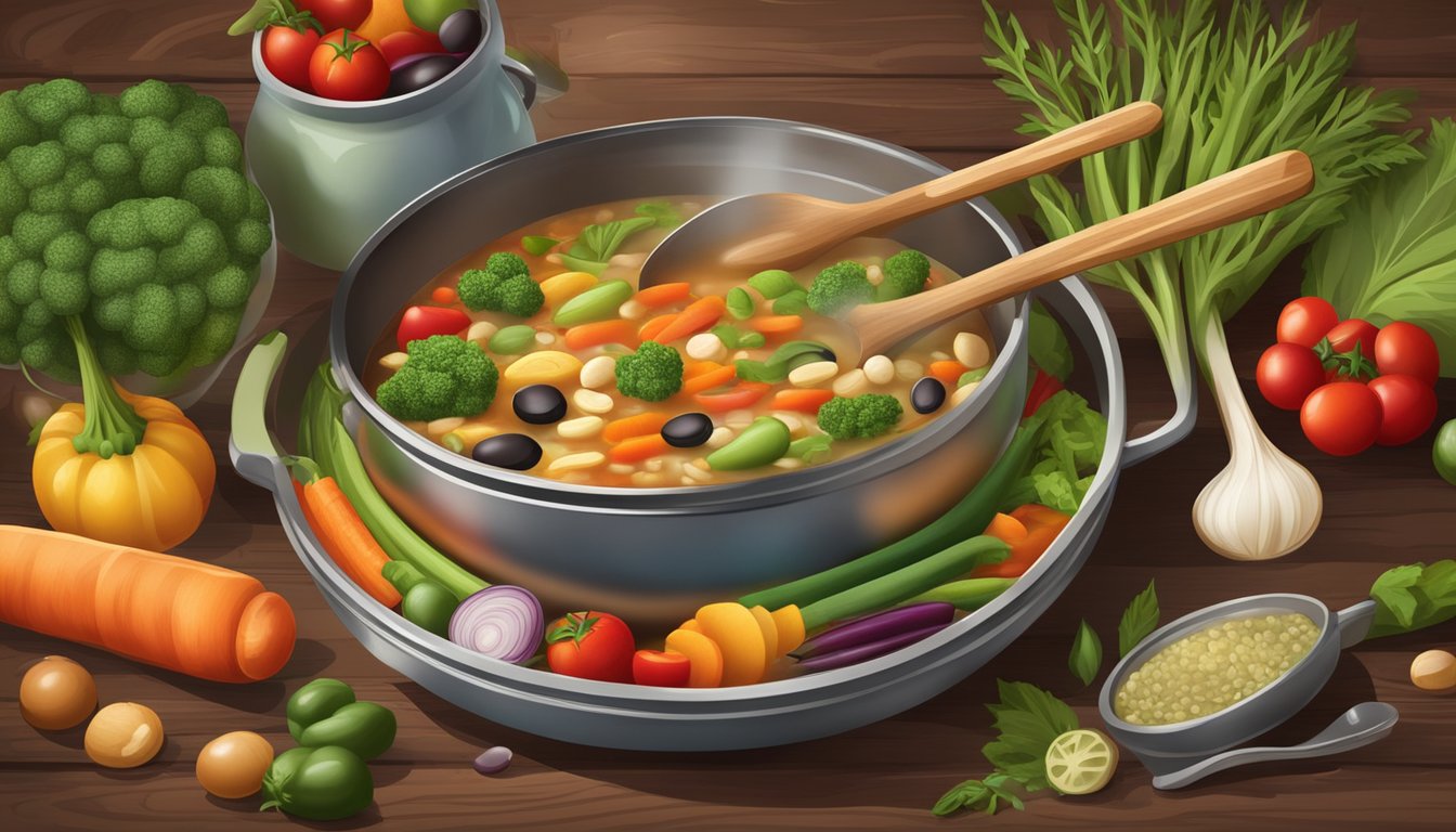 A steaming pot of minestrone soup surrounded by a variety of colorful vegetables and beans, with a rustic wooden spoon resting on the edge