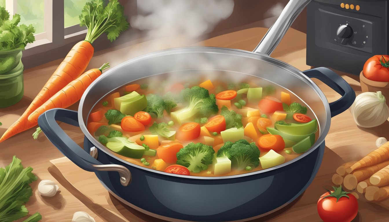 A steaming pot of vegetable soup simmering on the stove, surrounded by fresh ingredients like carrots, celery, and tomatoes