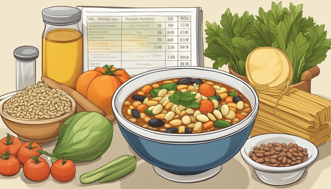 A bowl of minestrone soup surrounded by ingredients like vegetables, beans, and pasta, with a nutritional composition chart showing the glycemic index values