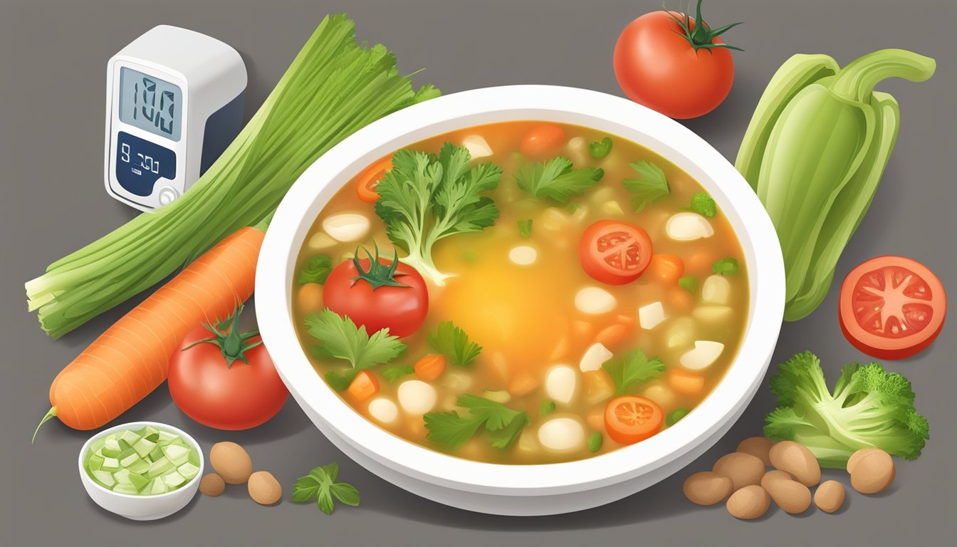 A bowl of vegetable soup surrounded by fresh ingredients like carrots, celery, and tomatoes, with a blood glucose monitor nearby