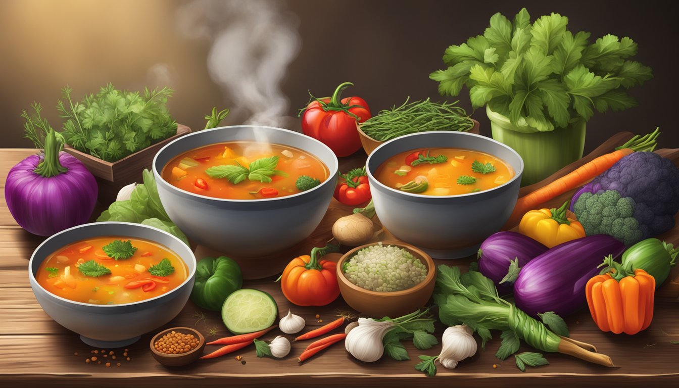 A steaming bowl of vegetable soup sits on a rustic wooden table, surrounded by vibrant, fresh vegetables and a colorful assortment of herbs and spices