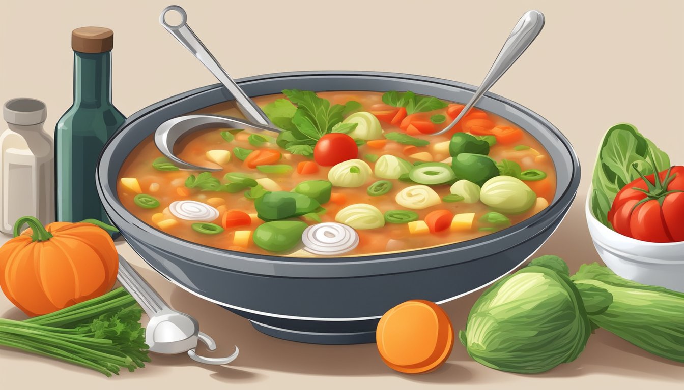 A bowl of minestrone soup surrounded by fresh vegetables and a measuring tool for glycemic index