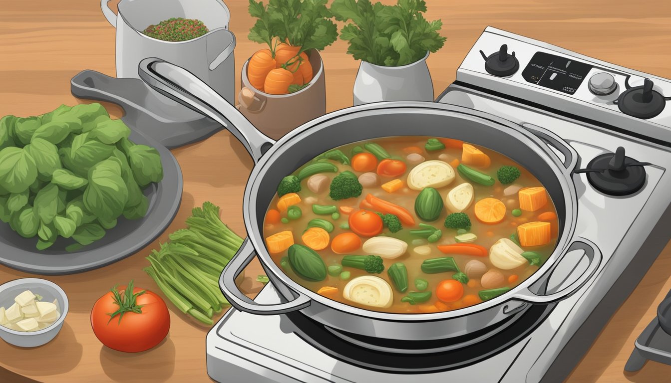 A pot of minestrone soup simmers on a stovetop, surrounded by fresh vegetables, herbs, and a ladle. A nutrition label with "Glycemic Index" is visible