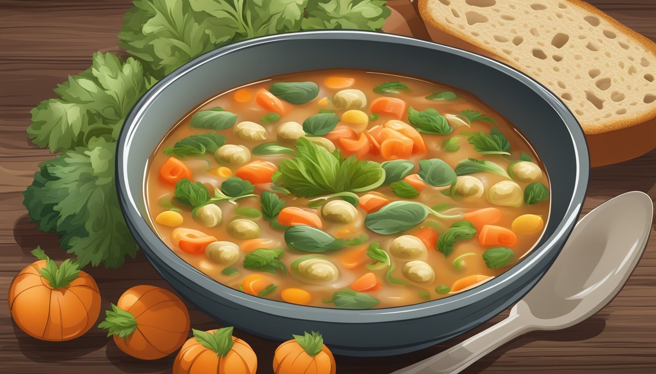 A steaming bowl of minestrone soup surrounded by fresh vegetables and a rustic loaf of bread